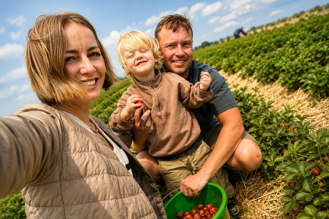 Family selfie in a strawberry field: a mother, a child holding a strawberry, and Falko with a green bucket