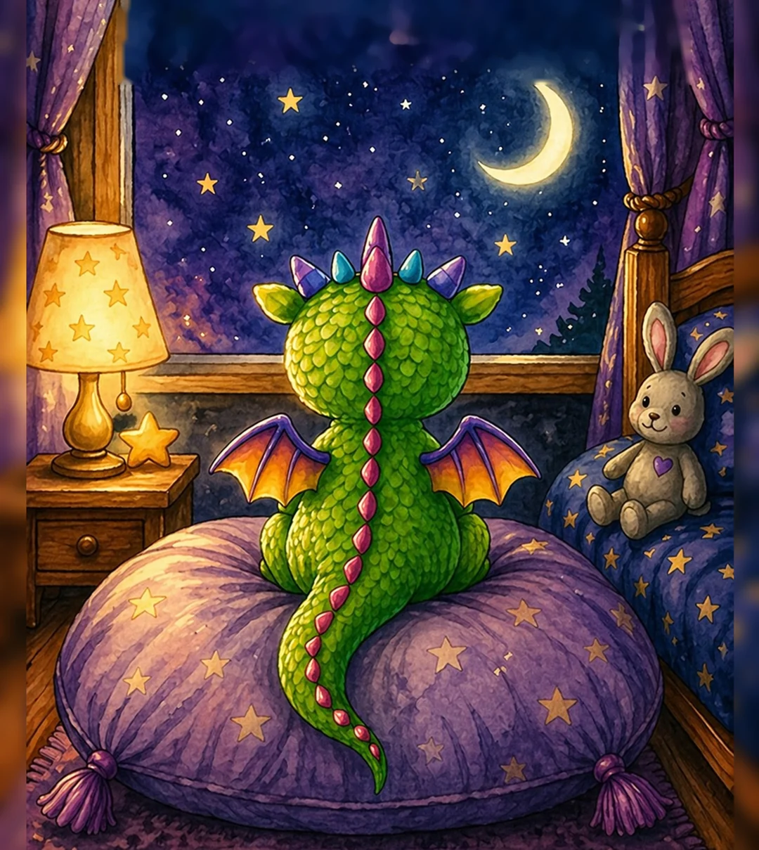 Dido sits on a pillow with his back to us, looking out at the starry sky