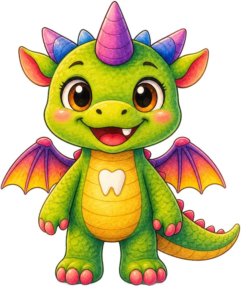 Dido, the little green tooth dragon with one visible tooth and a tooth symbol on his belly