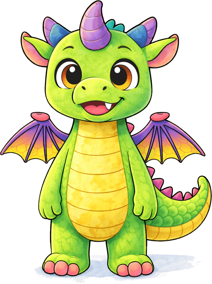 Dido, der kleine grüne Zahndrache mit gelbem Bauch, lila Horn und einem weißen Zahn