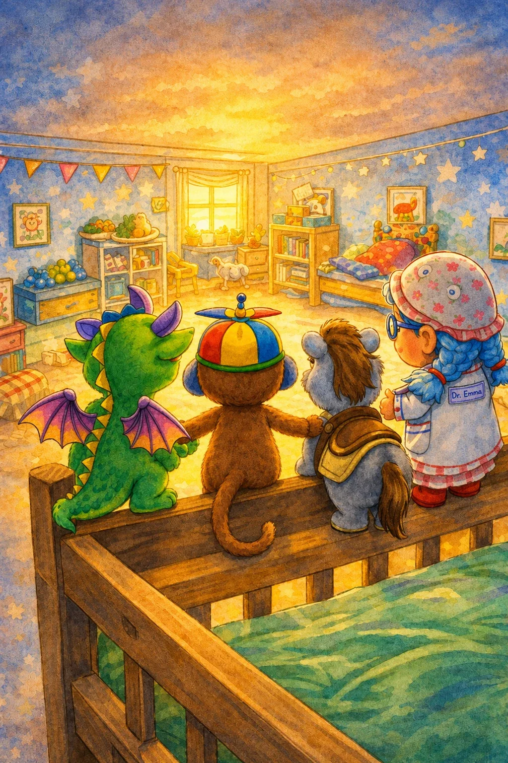 Dido, Flipsy, Ronny, and Dr. Emma sit together on the bed rail, looking into the room in golden evening light