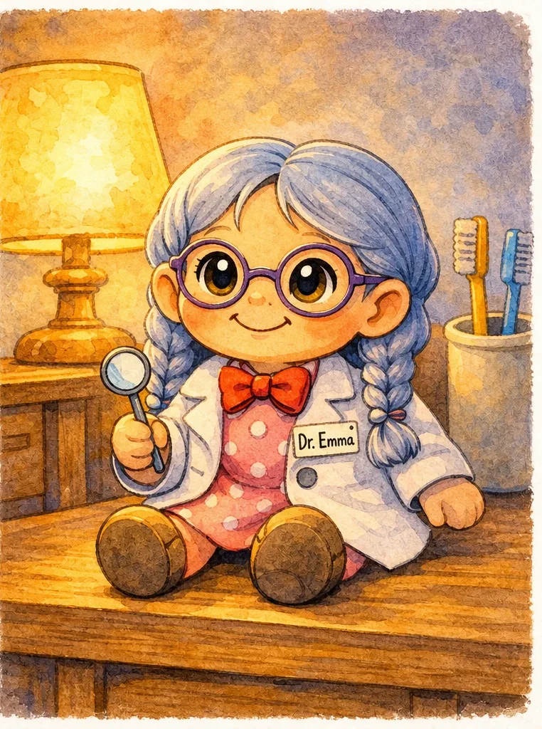 Dr. Emma, the wise doll in a white coat with blue braids and purple glasses, sits beside the bedside lamp