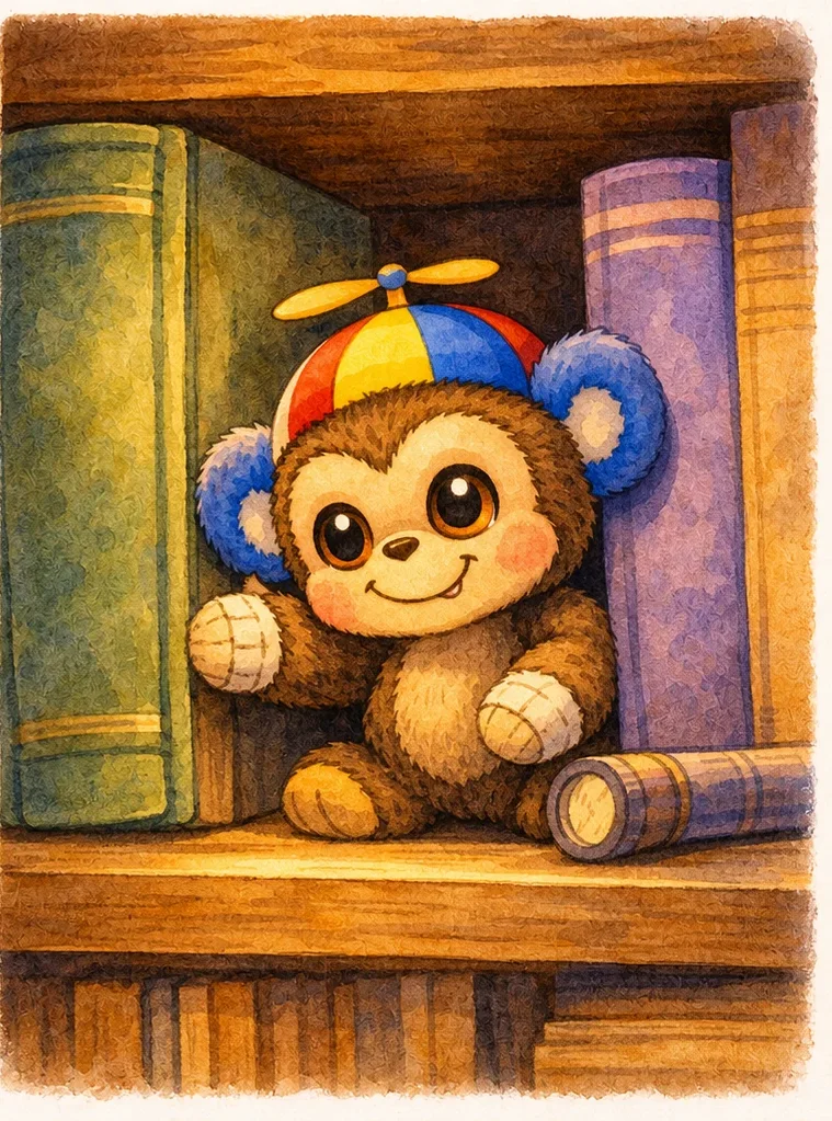 Flipsy, the little brown monkey with a colorful propeller hat, peeks out from the bookshelf
