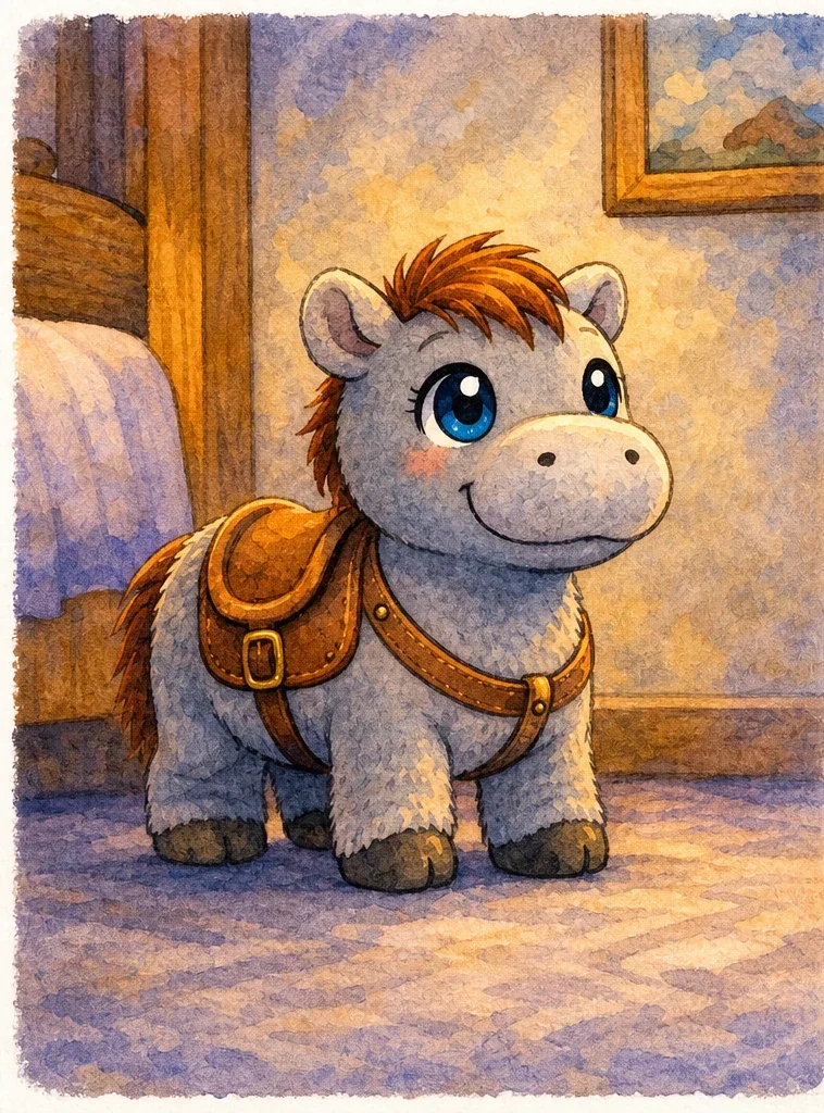 Ronny, the gray hippo with a brown mane and saddle, stands proudly in the child’s room
