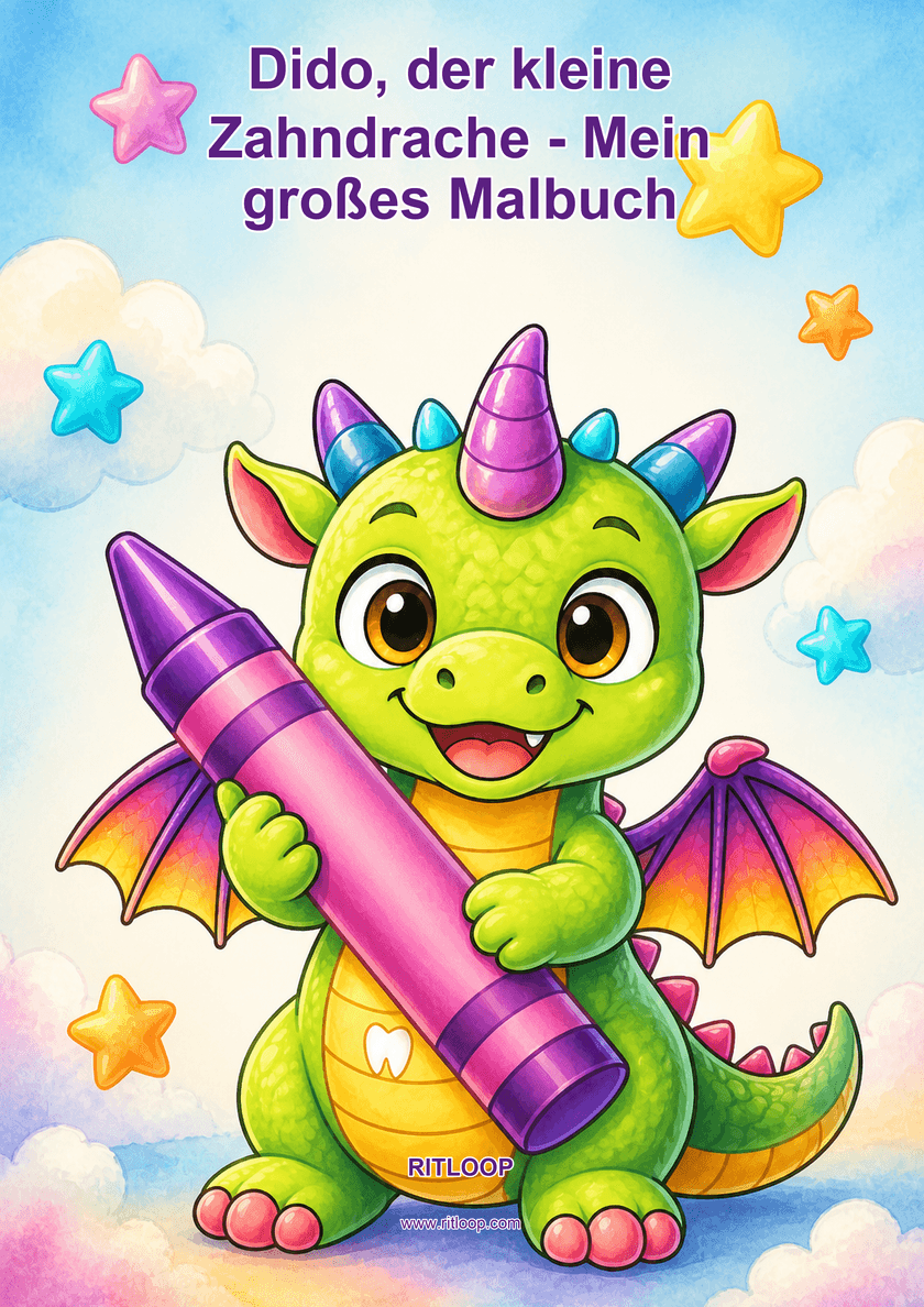 Provisional coloring-book cover: Dido holds a big purple crayon, surrounded by colorful stars.