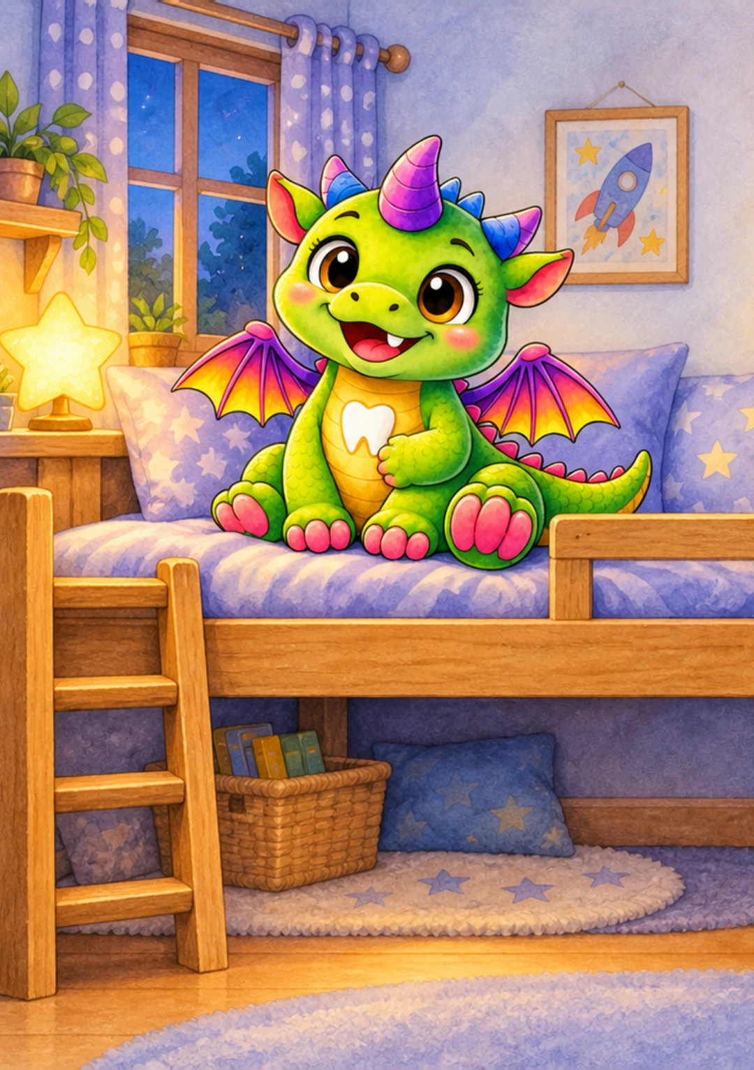 Dido sits on a pillow in the bunk bed, with a glowing window behind him in the cozy bedroom.