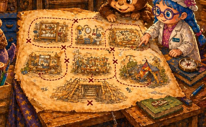 Didos Schatzkarte: das Haus mit allen Räumen als gezeichnete Entdecker-Karte
